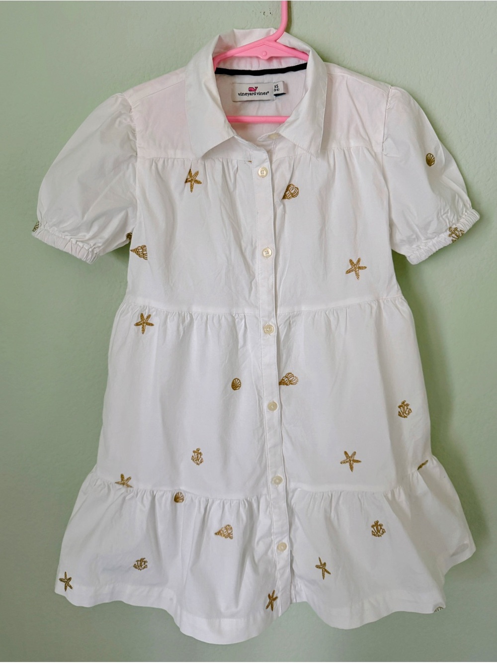 Vineyard Vines Girls’ Lined Dress, XS size, 5-6 yo, White with Golden Embroidery